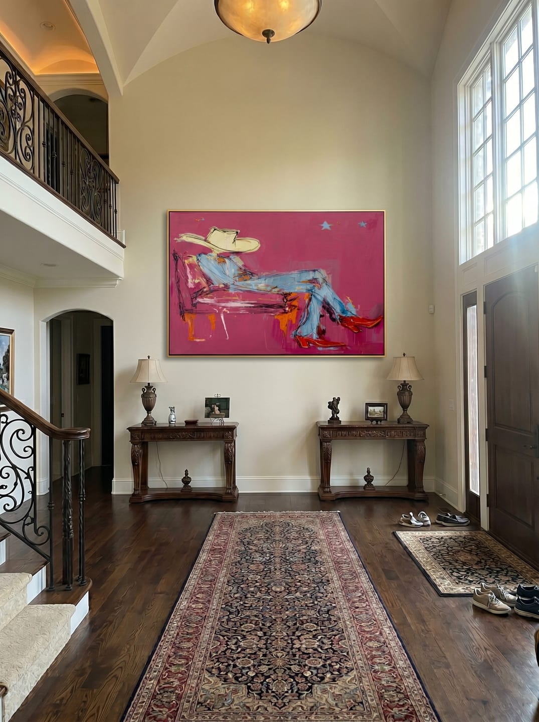 Customer photo review of Neon Midnight Rider – Pop Art Pink Cowboy & Red Boots Painting | Avant-Garde Eclectic Living Room Art