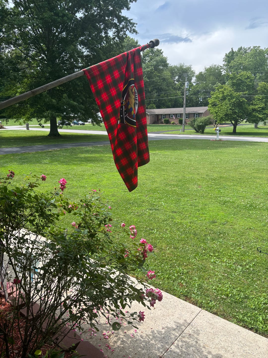 Customer photo review of MacPhee (McPhee) Tartan House Flag with Family Crest