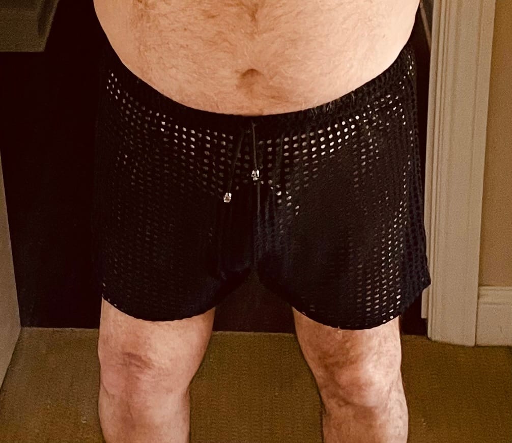 Customer photo review of 2 Pack Men's Mesh See-Through Shorts with Drawstring Waist