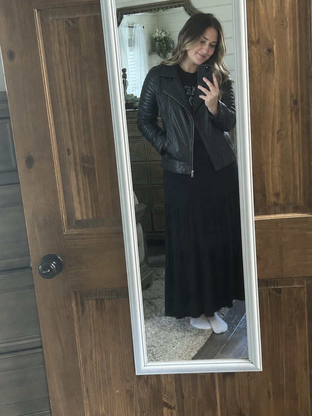 Customer photo review of Lyra Black Leather Ribbed Pattern Biker Jacket For Women