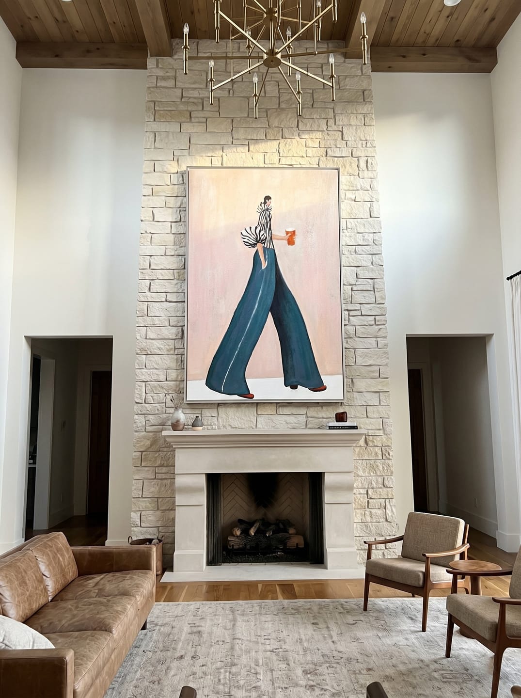 Customer photo review of The Urban Stride – Avant-Garde Zebra Striped & Teal Figures Painting | Chic Dusty Pink Living Room Art