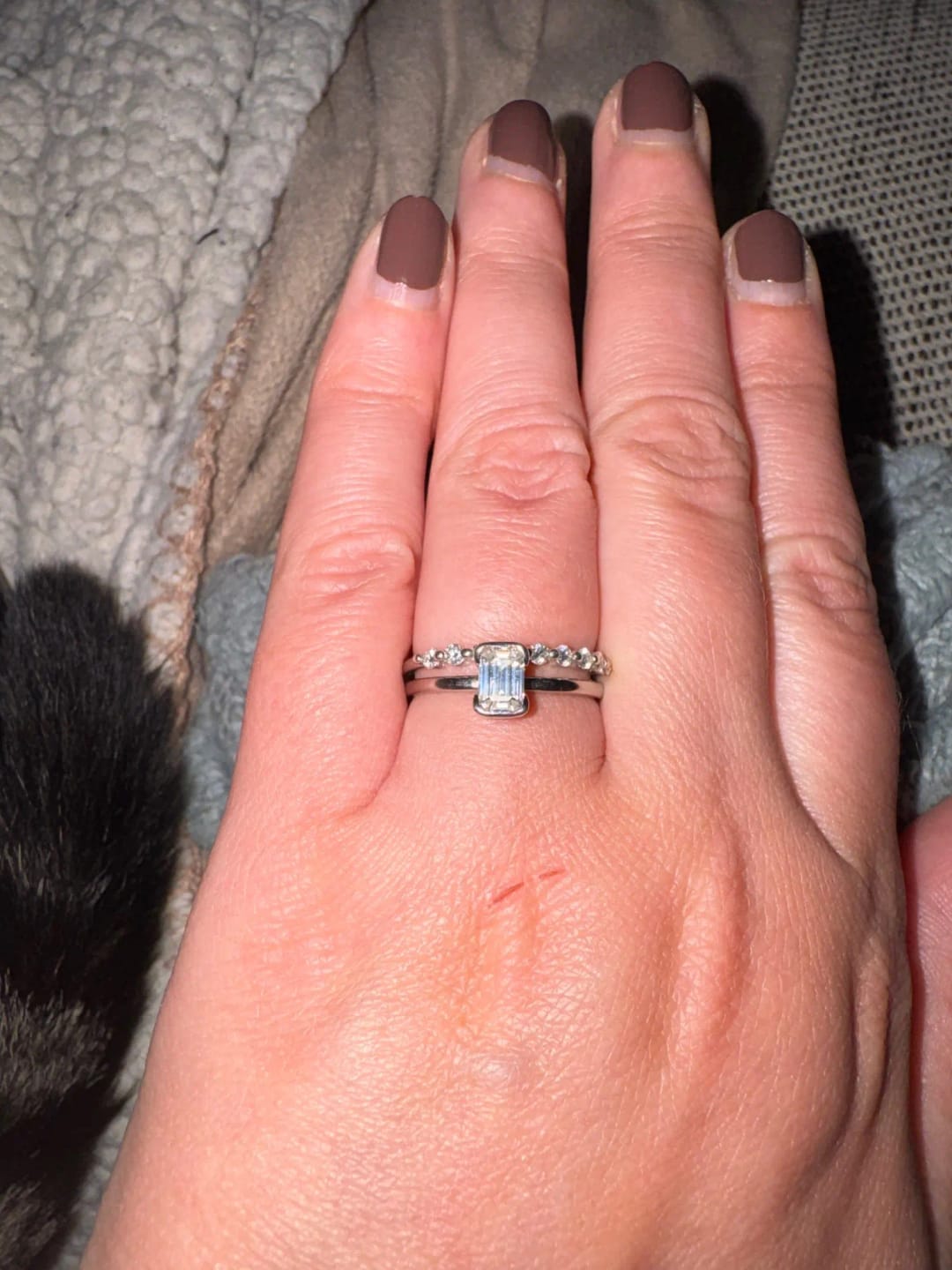 Customer photo review of Petite Emerald Cut Moissanite Ring