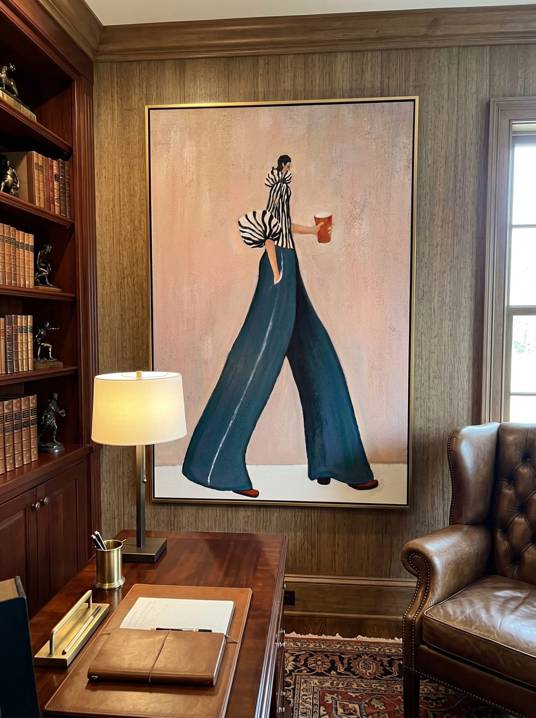 Customer photo review of The Urban Stride – Avant-Garde Zebra Striped & Teal Figures Painting | Chic Dusty Pink Living Room Art