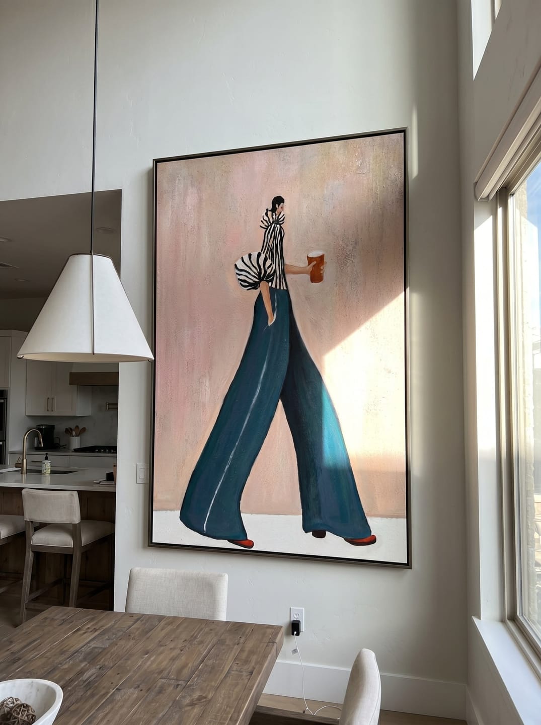 Customer photo review of The Urban Stride – Avant-Garde Zebra Striped & Teal Figures Painting | Chic Dusty Pink Living Room Art