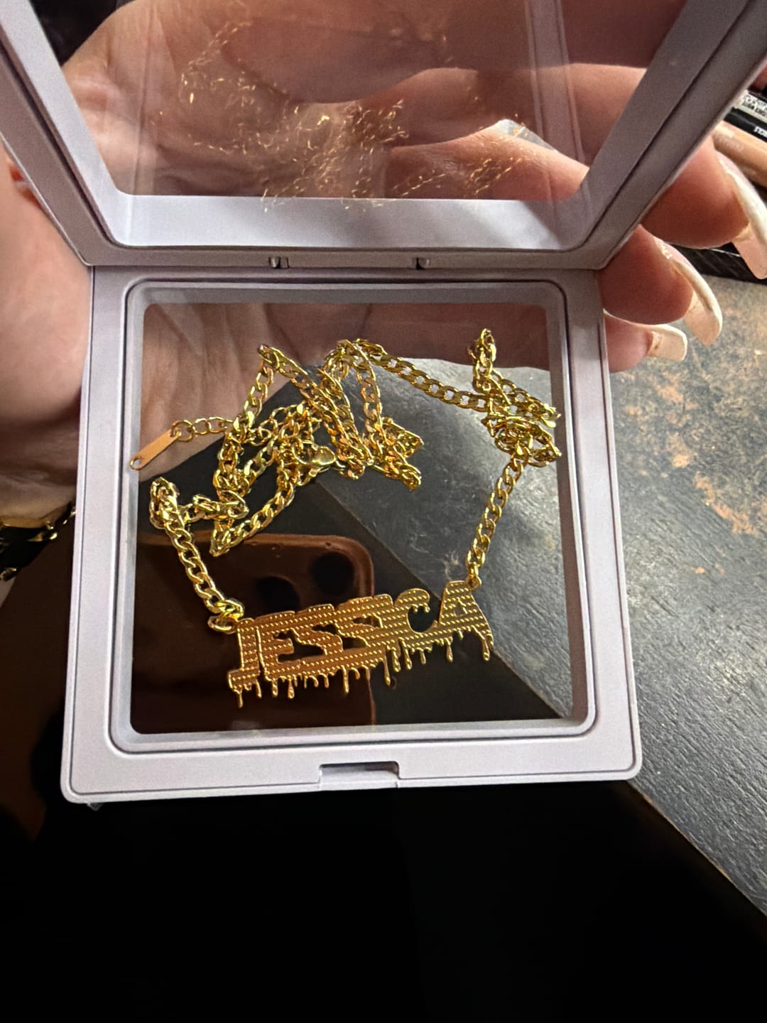 Customer photo review of Drippy Name Necklace w/ Cuban Chain