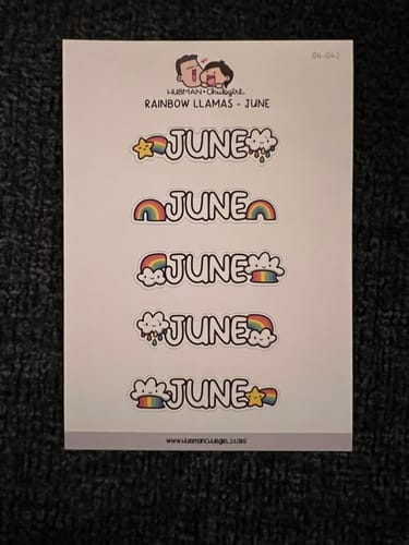 Reviewer's Rainbow Llamas Monthly Header sticker sheet for June, showing five colorful designs with clouds and rainbows.