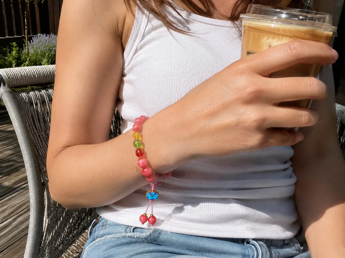 Customer photo review of VerdantStrand Pink Bodhi Seed & Mantra Amulet Bracelet