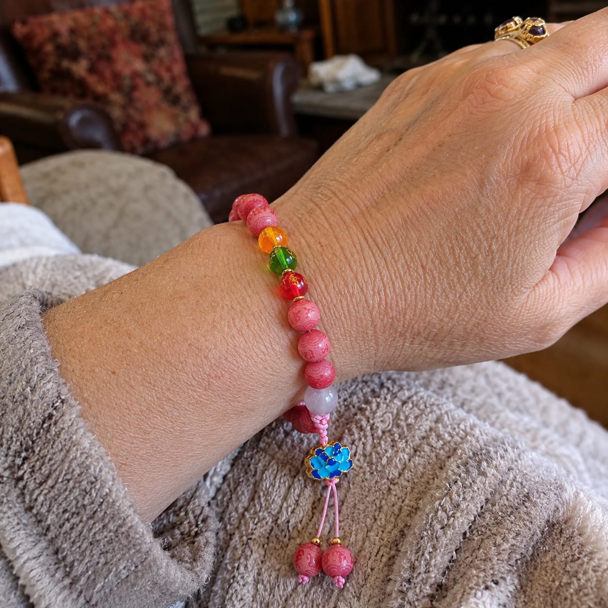 Customer photo review of VerdantStrand Pink Bodhi Seed & Mantra Amulet Bracelet