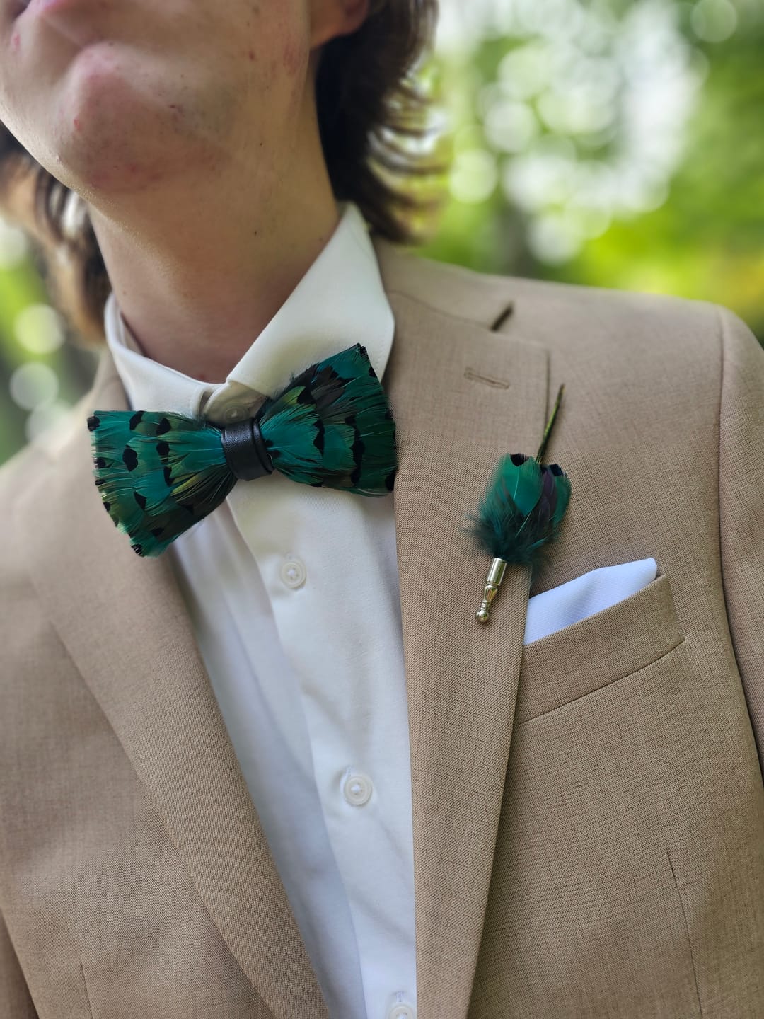 Customer photo review of Dark Green Finch Tail Feather Bow Tie with Lapel Pin