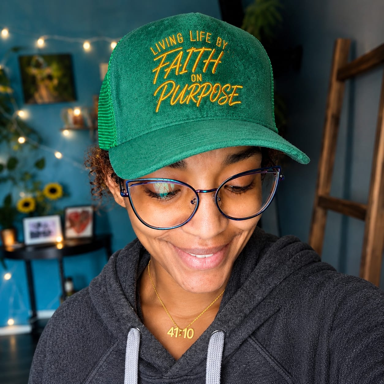 Customer photo review of Living Life by Faith On Purpose Green Trucker Hat