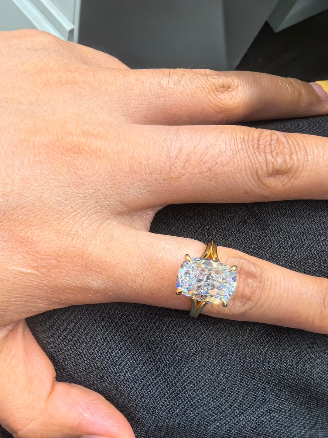 Customer photo review of S925 5.5Ct Cushion Cut Split Shank Engagement Ring Gold Plated Hidden Halo Bridal Ring For Everyday Wear