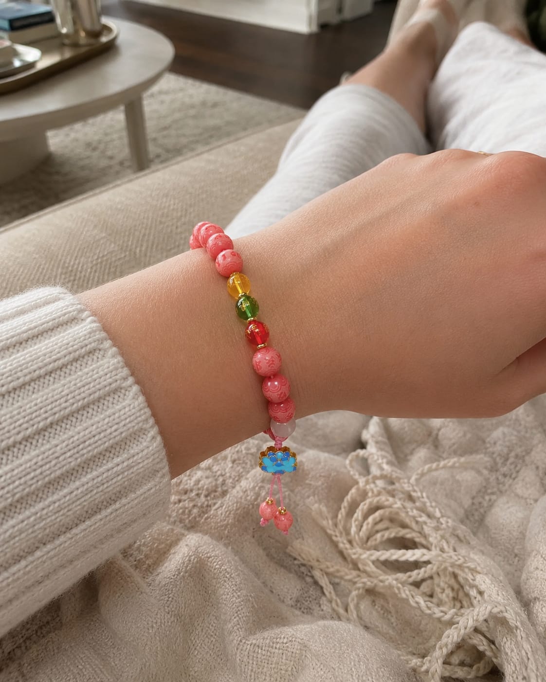 Customer photo review of VerdantStrand Pink Bodhi Seed & Mantra Amulet Bracelet