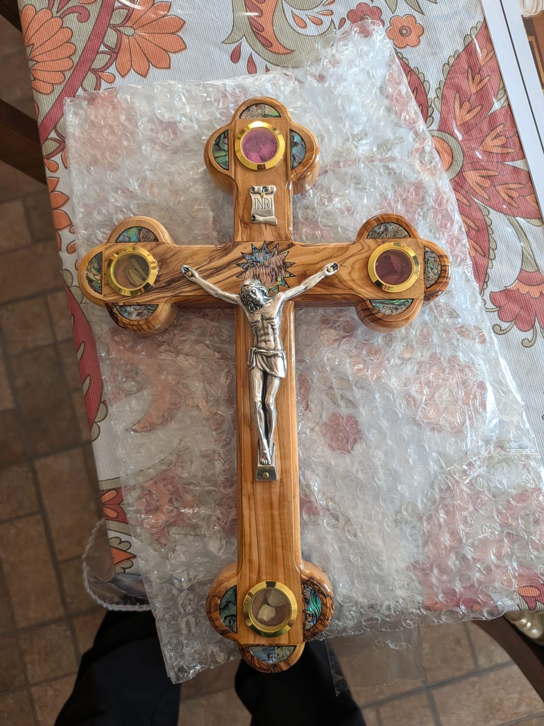 Customer photo review of Olive Wood Crucifix (Partially covered with Mother of Pearl) - Holy Land Crucifixes