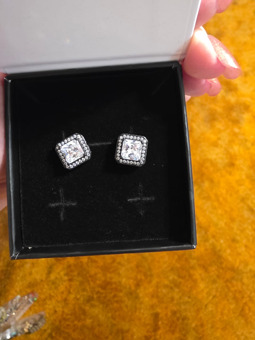 Customer photo review of Londyn 18k White Gold Plated Princess Cut Halo Stud Earrings with Simulated Diamond Crystals — Final Sale