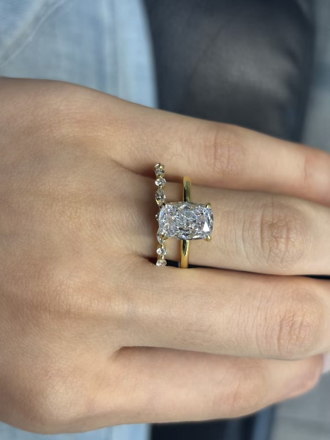 Customer photo review of S925 2PC 3.0Ct Cushion Cut Yellow Gold Engagement Ring Set with Marquise & Round Cut Band