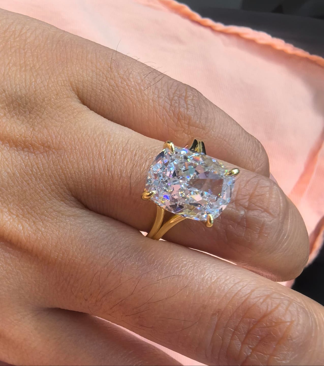Customer photo review of S925 5.5Ct Cushion Cut Split Shank Engagement Ring Gold Plated Hidden Halo Bridal Ring For Everyday Wear