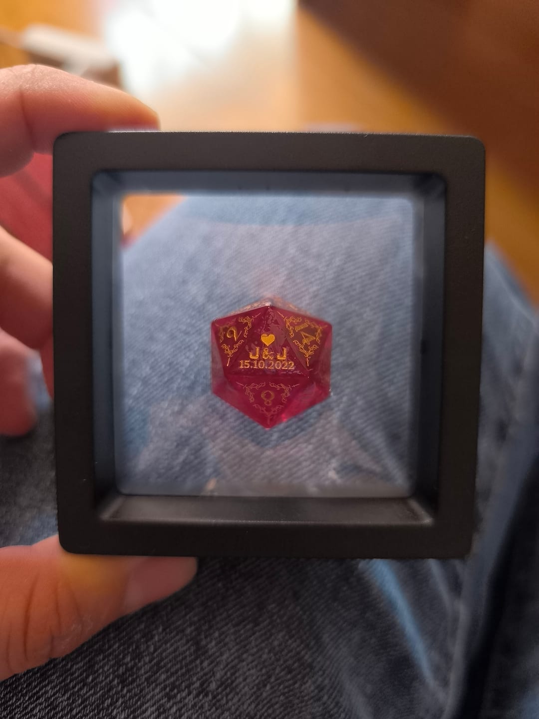 Customer photo review of Custom Anniversary D20 Dice – Personalized D&D Gift
