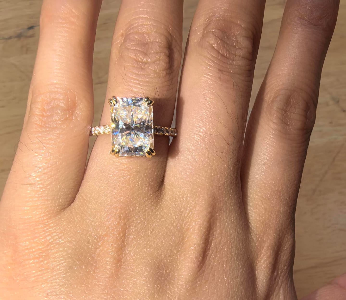 Customer photo review of S925 4.5Ct Radiant Cut Engagement Ring Moissanite/Simulated Diamond Solitaire Stackable Travel Ring For Women