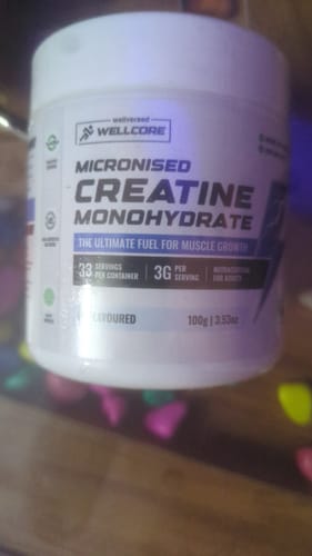 A customer's photo of the white Wellcore Micronised Creatine Monohydrate tub.