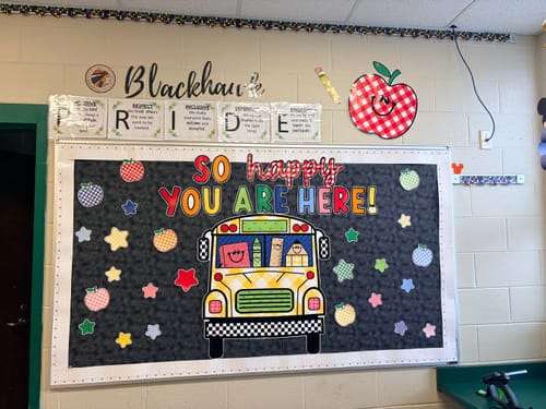 Customer photo review of Retro Happy You Are Here Bus Door Decor Set | 90s Teacher
