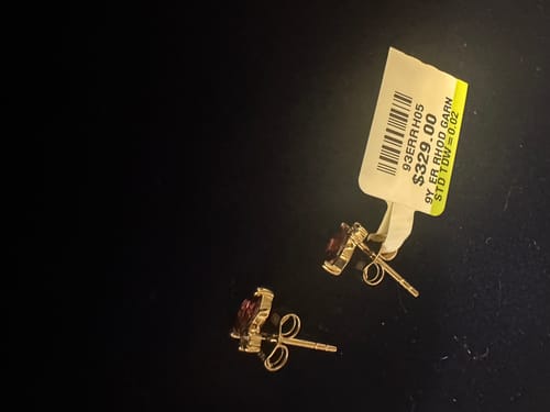 Customer photo review of Petite Rhodalite Garnet & Diamond Earrings in 9ct Yellow Gold