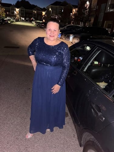Customer photo review of Beading Boat Neck Long Sleeve Gold Sequin Chiffon Prom Dress
