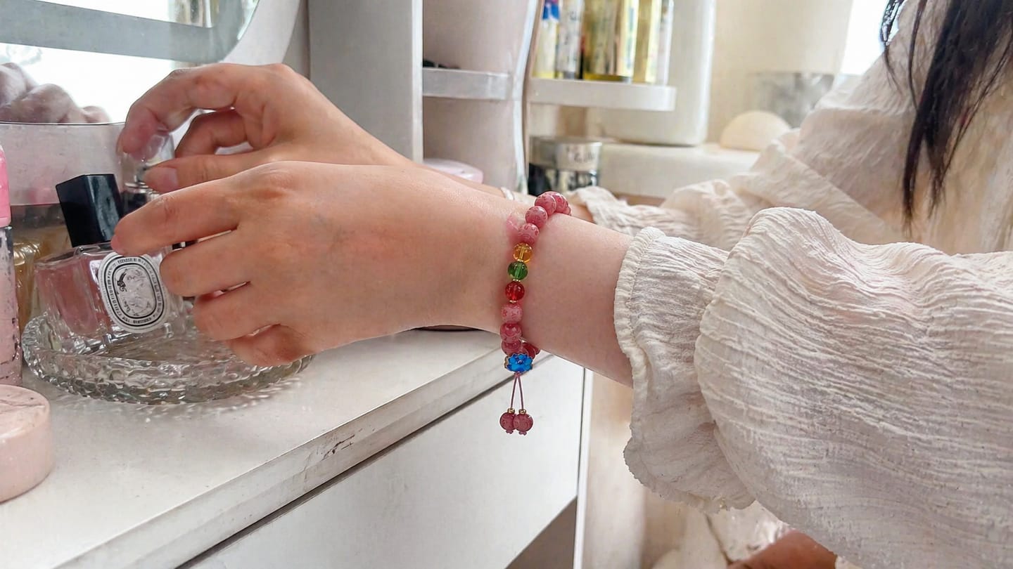 Customer photo review of VerdantStrand Pink Bodhi Seed & Mantra Amulet Bracelet