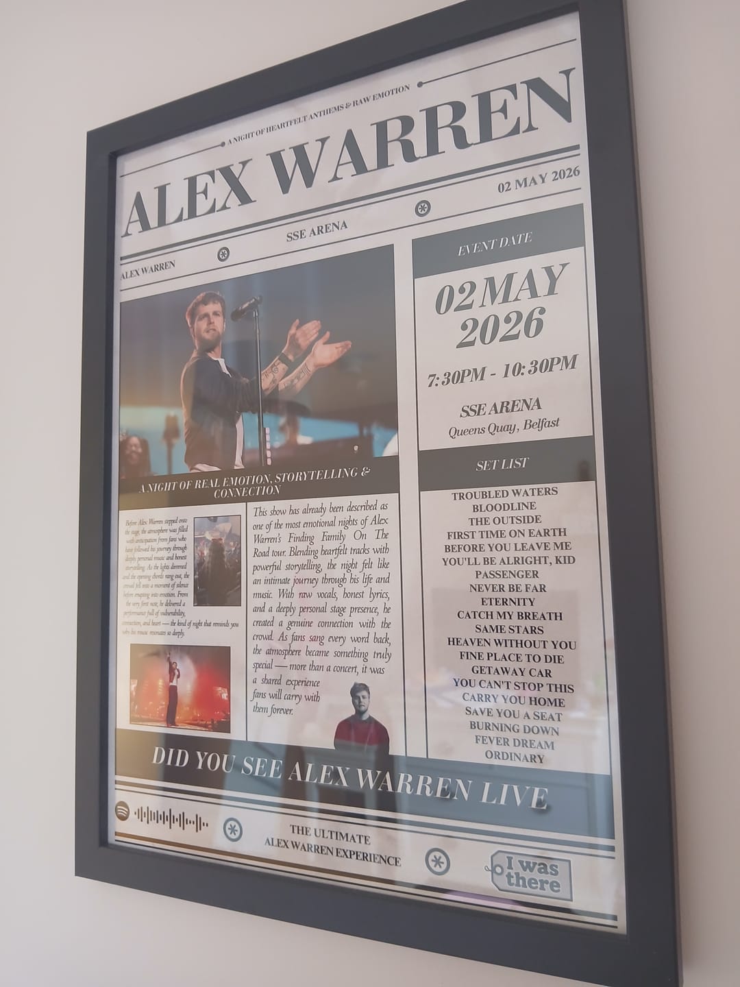 Customer photo review of Alex Warren - Personalised Newspaper Style Concert Poster