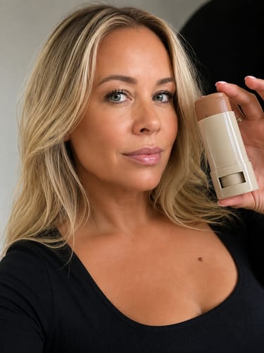 Reviewer with glowing skin holds up the Lunéra Hudtint Stick, showing its medium shade.