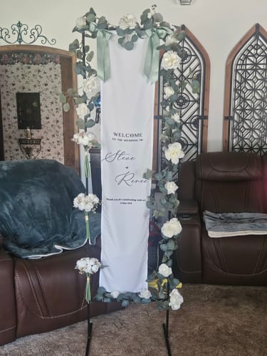 Customer photo review of Custom Wedding Welcome Sign | Personalized Fabric Banner for Ceremony or Reception Entrance | Engagement Party Sign