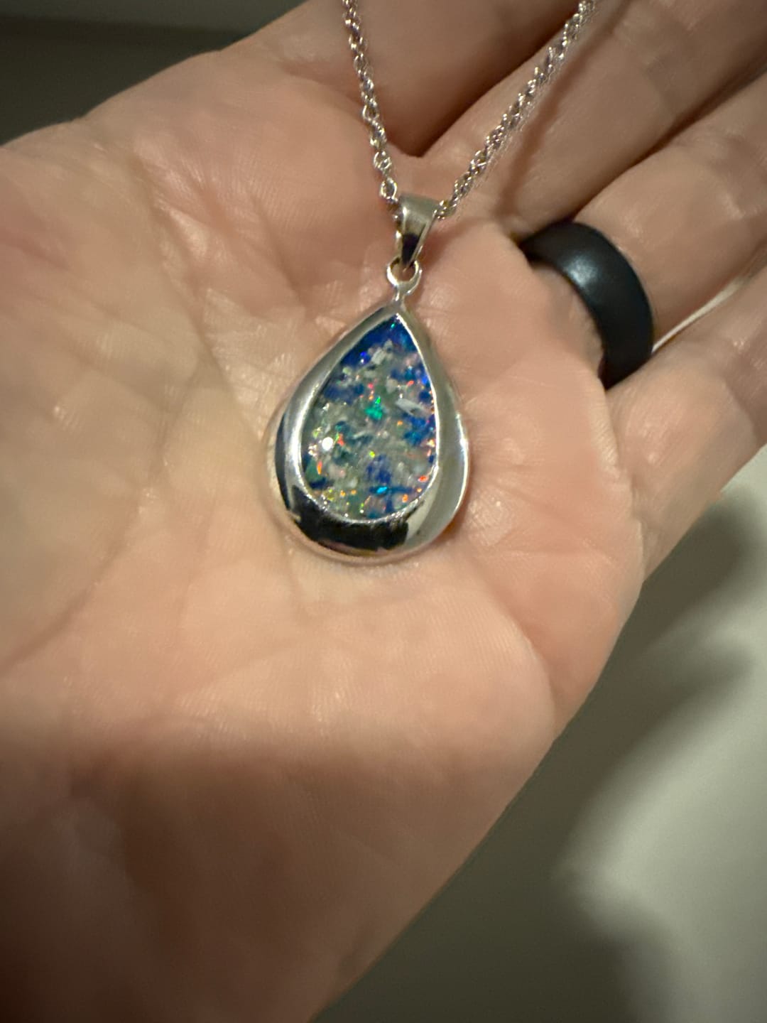 Customer photo review of Pear Drop Opal Cremation Pendant - Engravable