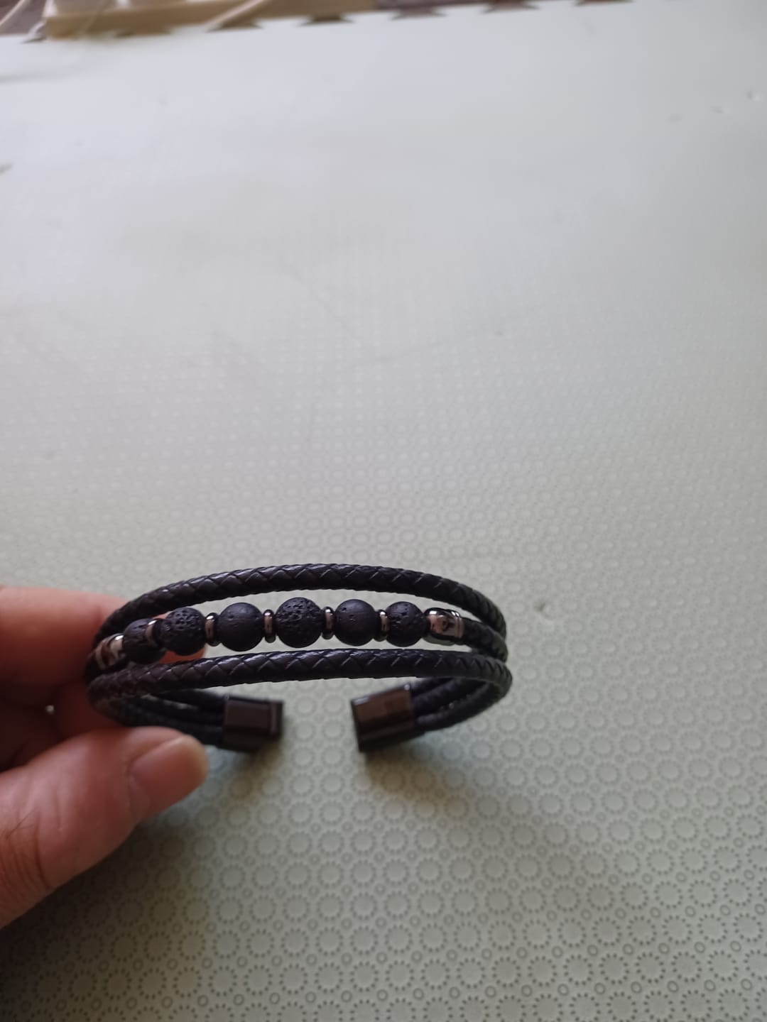 Customer photo review of Buddha Stones Tiger Eye Lava Rock Hematite Black Onyx Bead Positive Leather Bracelet