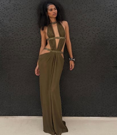 Customer photo review of DALIA - Cutout Ruched Backless Dress - Brown