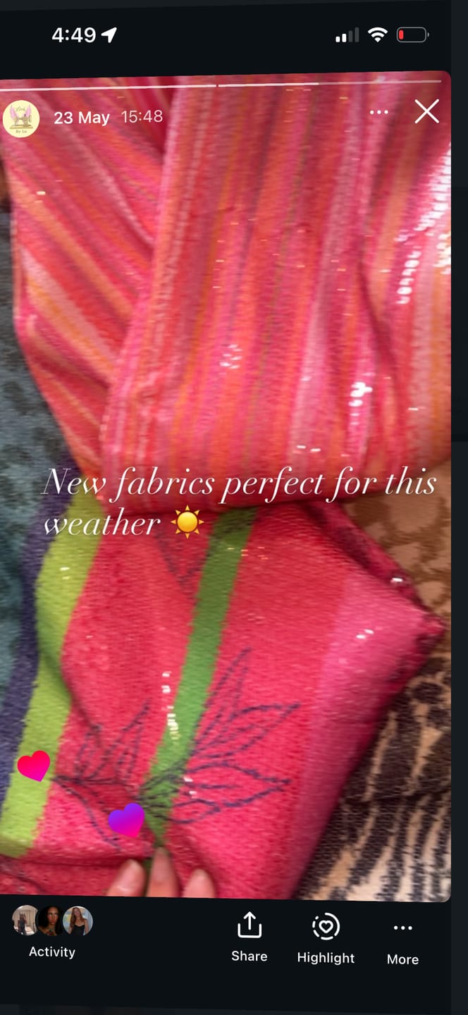 Customer photo review of Pink Orange Striped Shimmer Sequin Fabric by the Metre