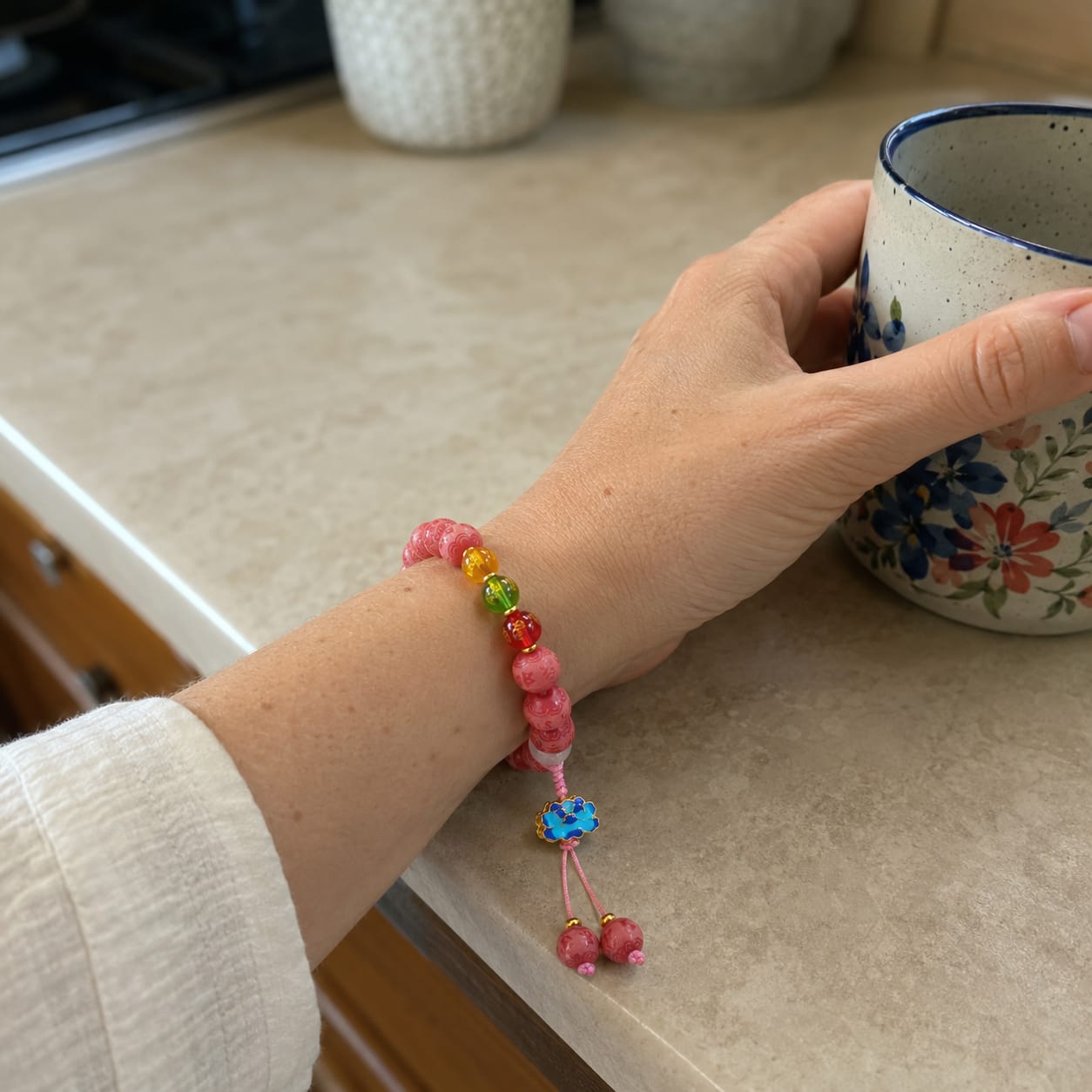 Customer photo review of VerdantStrand Pink Bodhi Seed & Mantra Amulet Bracelet