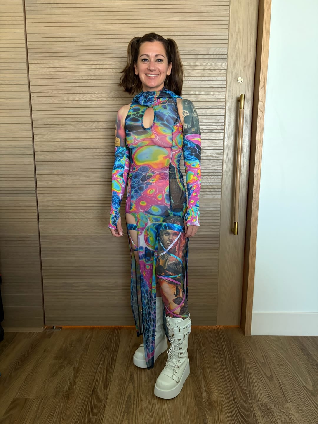 Customer photo review of Technicolor Melt Mesh Keyhole Dress