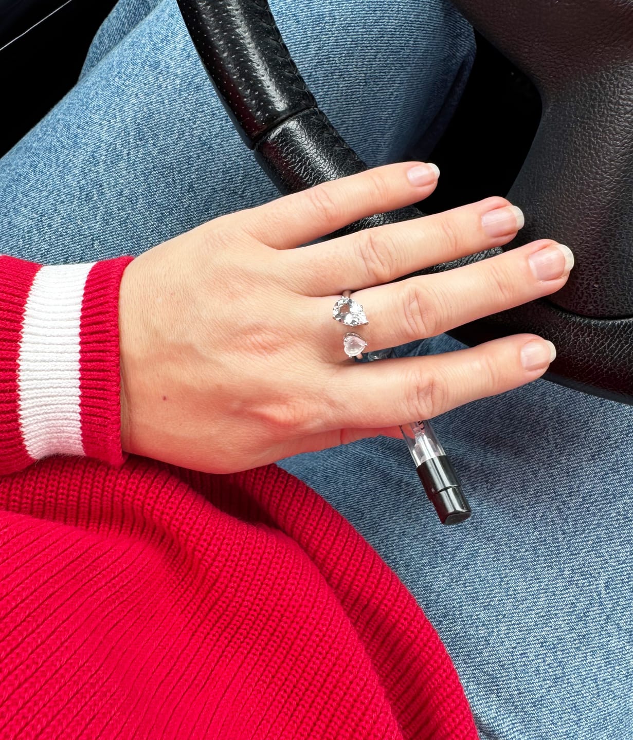 Customer photo review of Clear quartz + Rose quartz adjustable ring