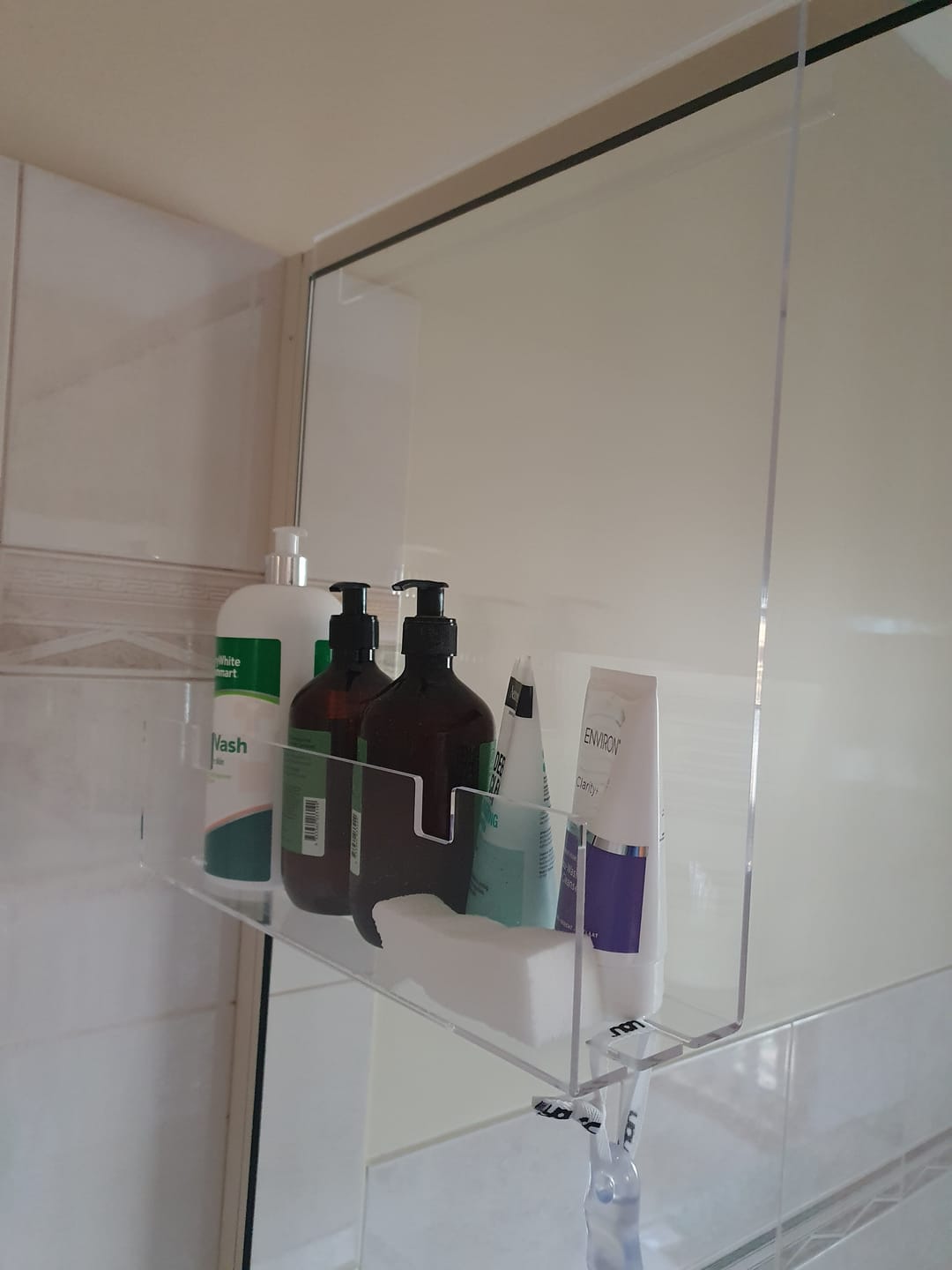 Customer photo review of Clear Acrylic Shower Shelf