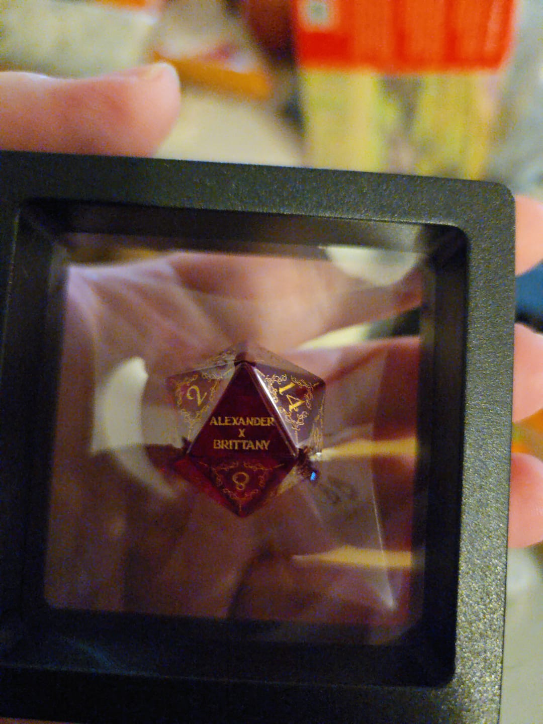 Customer photo review of Custom Anniversary D20 Dice – Personalized D&D Gift
