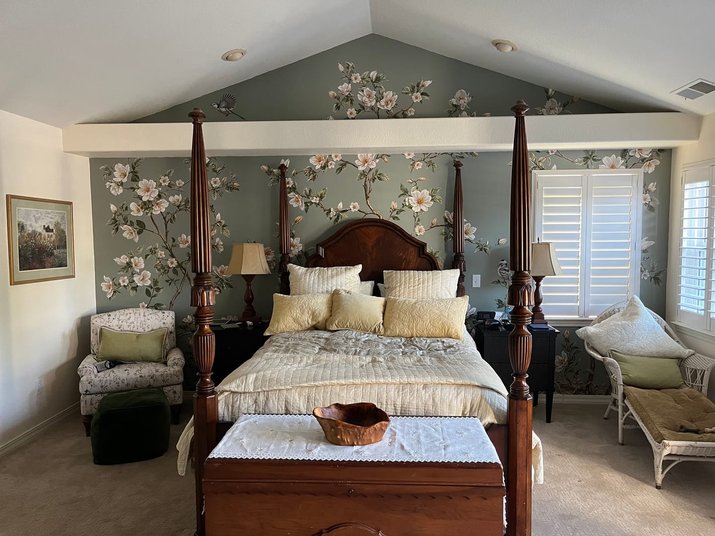 Customer photo review of Muted Green Chinoiserie Wallpaper with White Cherry Blossoms and Birds Tree Branches Removable Wall Mural