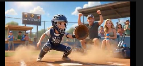 Rezensent zeigt eine Szene aus seinem Animationsfilm: ein Mädchen als Softball-Fängerin während eines Spiels.