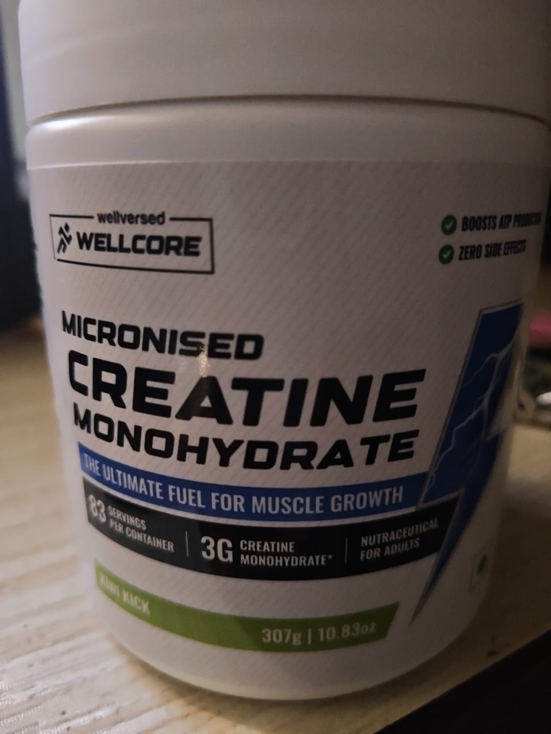 Customer photo review of Wellcore - Micronised Creatine Monohydrate (83 Servings, Kiwi Kick) + Premium Glass Bottle