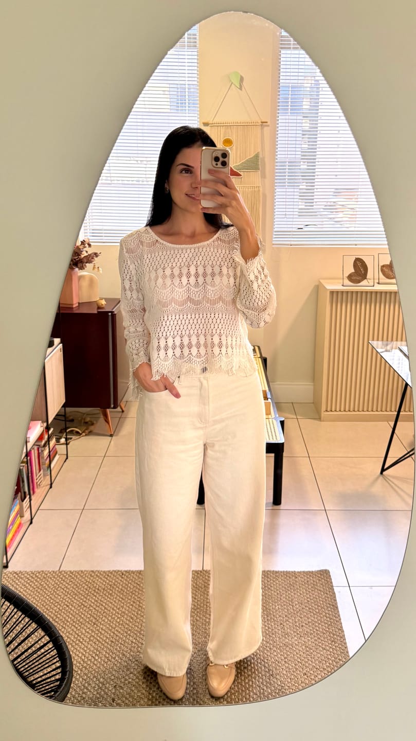 Customer photo review of Calça Jeans Wide Leg Buriti Bege