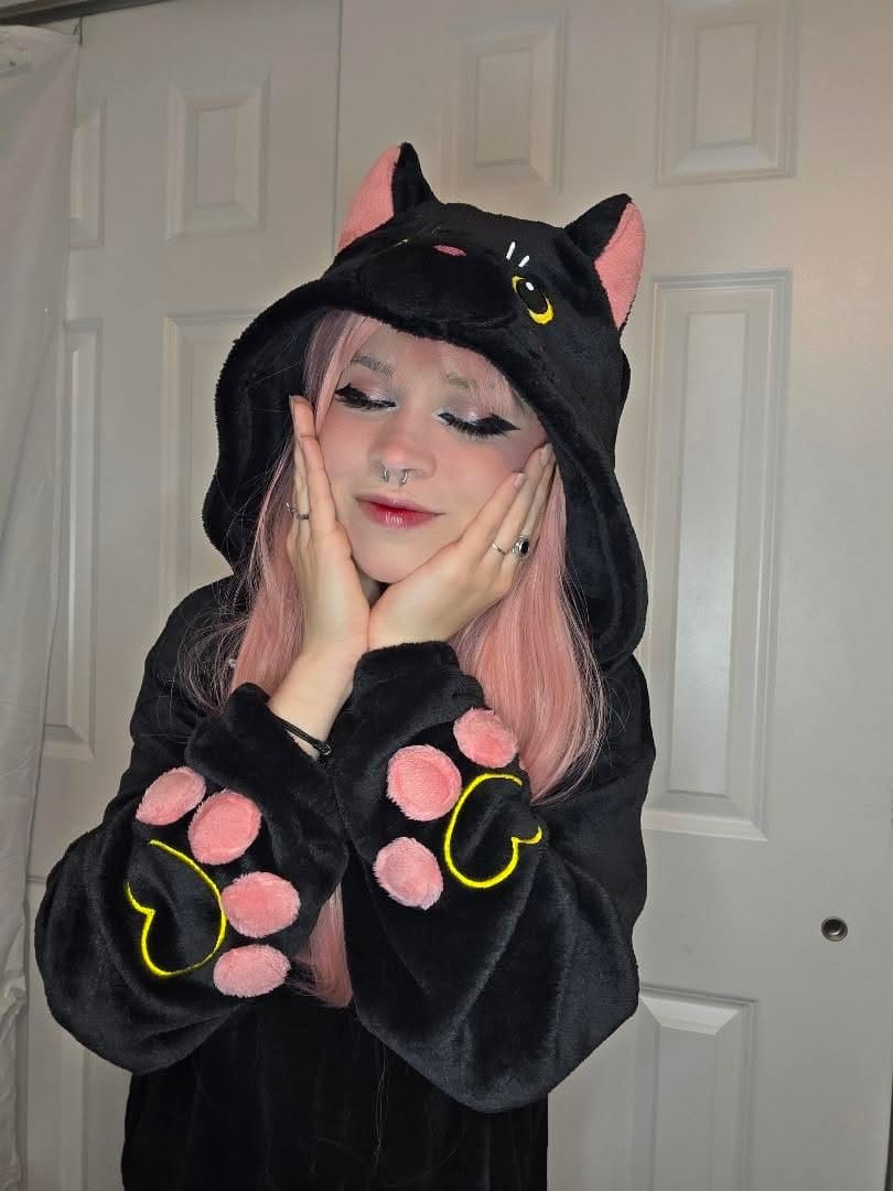 Customer photo review of OLAOLA Unisex Adult Plush Black Cat Animals Onesie Pajamas Warm Home Pet One-Piece Sleepwear