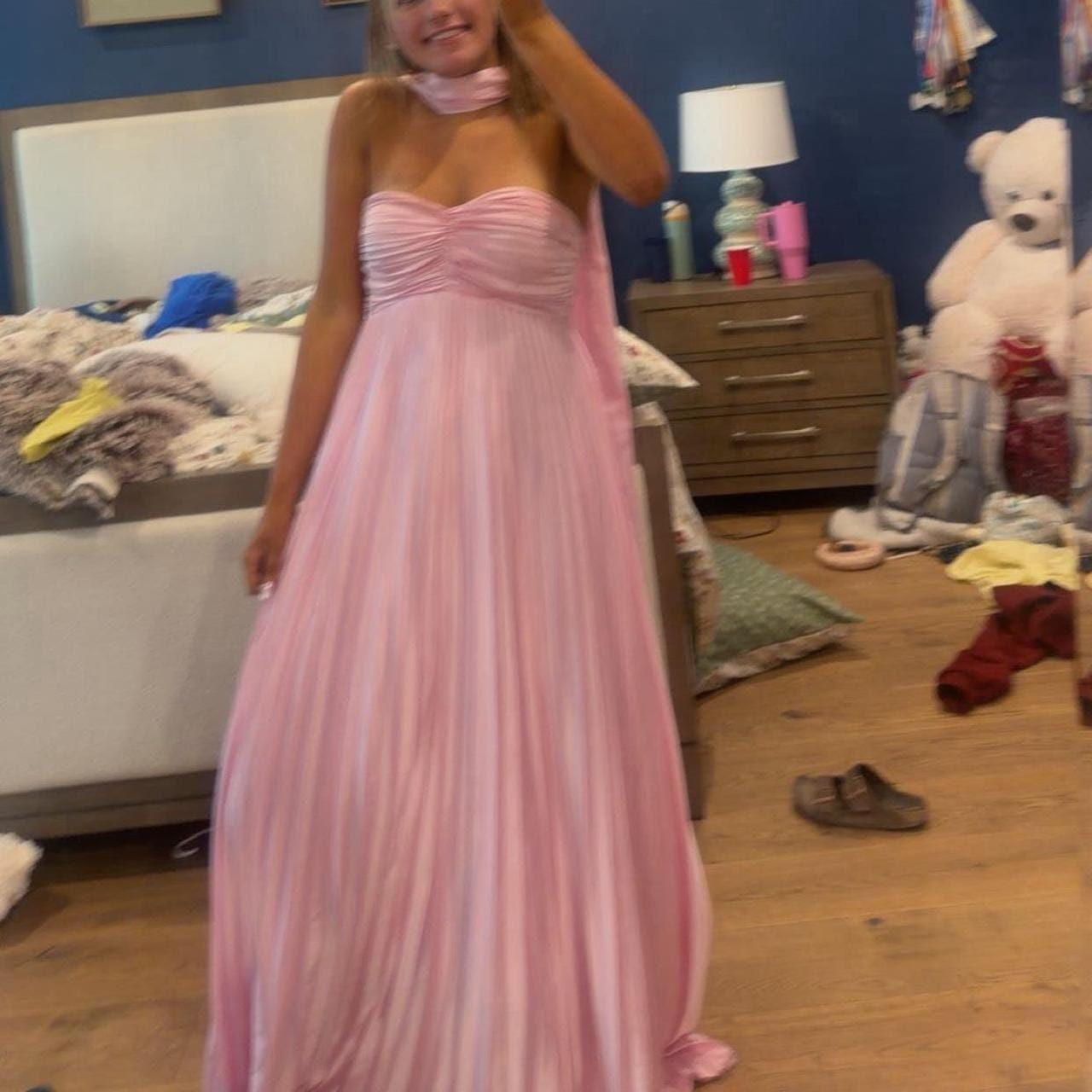 Customer photo review of Strapless White Pleated A-line Long Dress with Scarf
