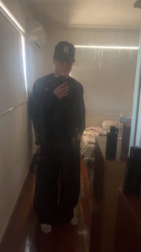 Customer photo review of Asymmetric Pleated Barrel-Leg Suit Pants | Inflation Streetwear