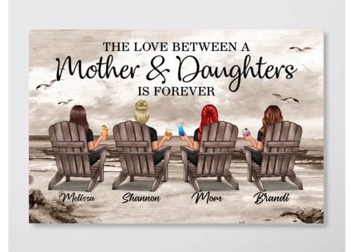 The Retro Vintage Mom And Daughters personalized poster showing four figures on a beach with text above.