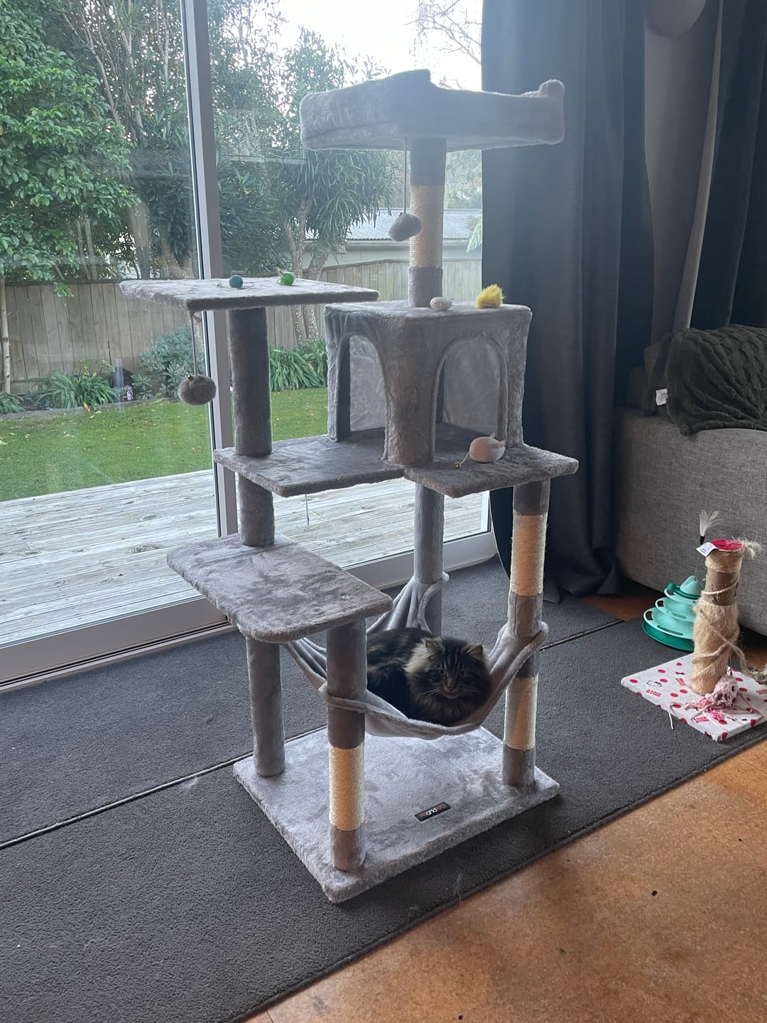 Customer photo review of Cat Tree 143cm For Indoor Cats with Scratching Posts and Perches - Light Grey
