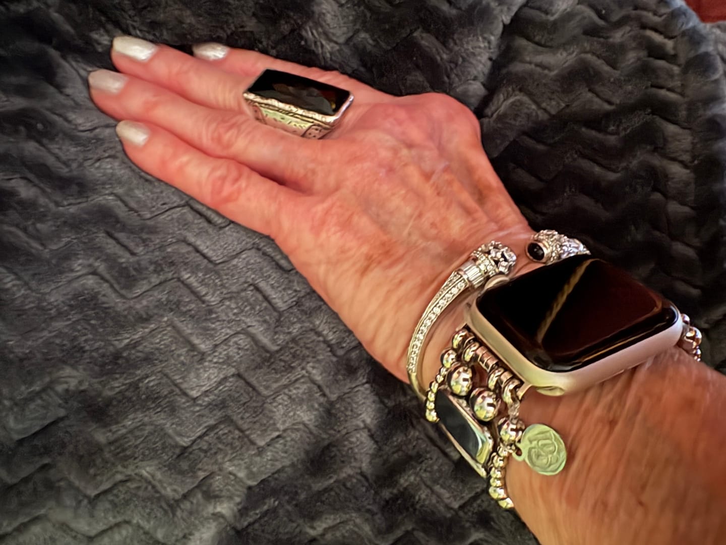 Customer photo review of Platinum Noir Stretch Apple Watch Strap