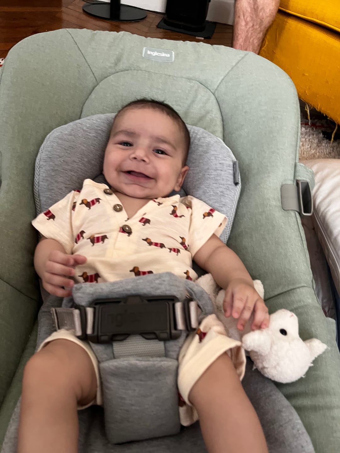 Customer photo review of Cream Sausage Dogs Organic Romper